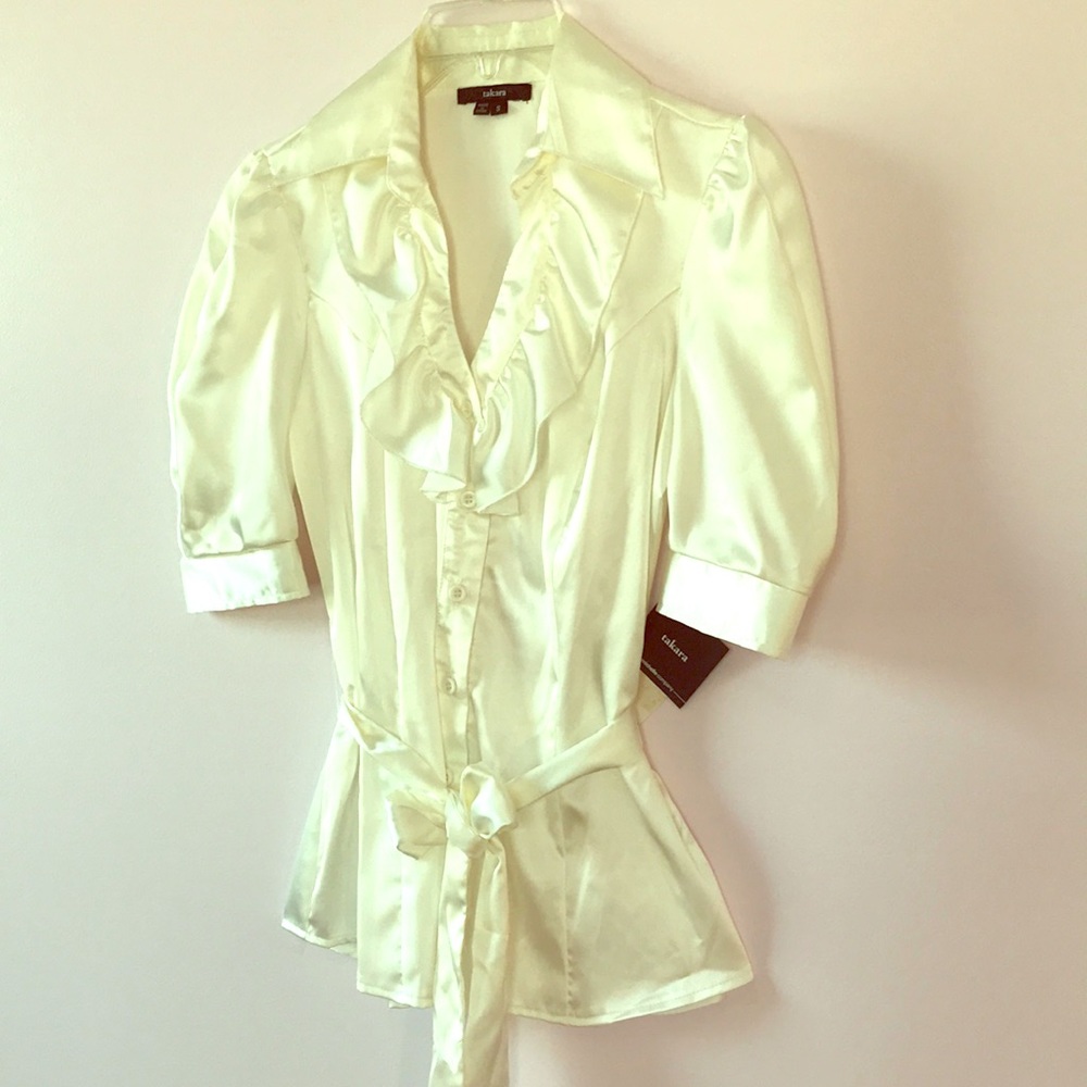 Satin Ruffled Short Sleeved Blouse